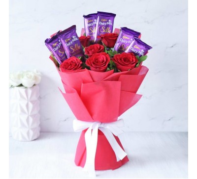 Bouquet of 6 Cadbury Silk & Red Roses 