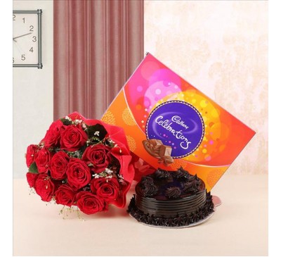Red Roses With Chocolate Cake and celebration
