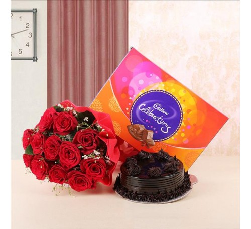 Red Roses With Chocolate Cake and celebration