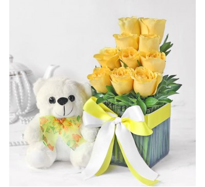 Bouquet of 10 Yellow Roses with Teddy