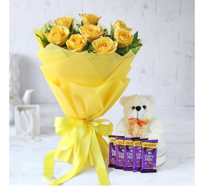 Bouquet of Yellow Roses with Cadbury Chocolates & Teddy