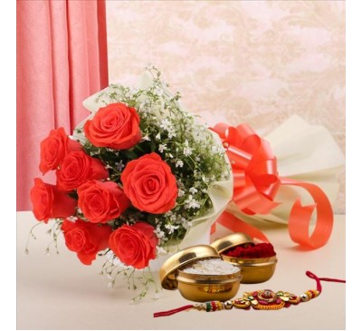 Bunch of Red Roses with Rakhi