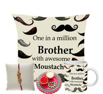 Moustach Cushion with Rakhi Hamper